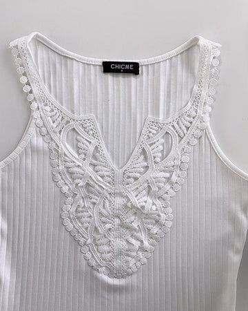 Contrast Lace V Neck Sleeveless Knit Top Casual Slim Fit Tank